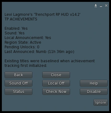 Trenchport Achievements menu with sound, local announcement, status, check now, and tracking controls