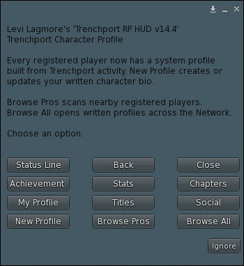 Current Character Profile menu with Status Line, Achievement, Stats, Chapters, My Profile, Titles, Social, New Profile, Browse Pros, and Browse All