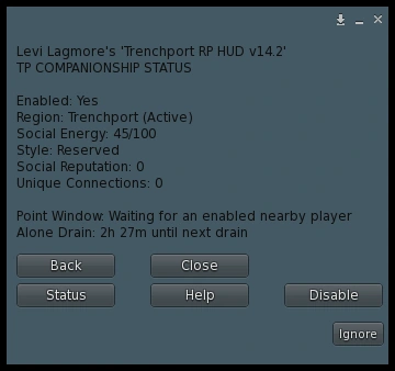 Trenchport Companionship Status menu showing Social Energy, style, Social Reputation, unique connections, and toggle controls