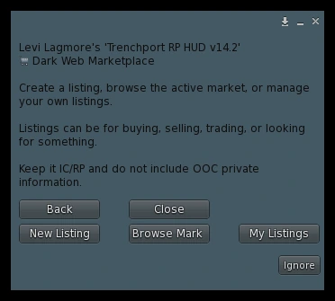 Dark Web Marketplace menu in the Trenchport RP HUD with New Listing, Browse Mark, and My Listings