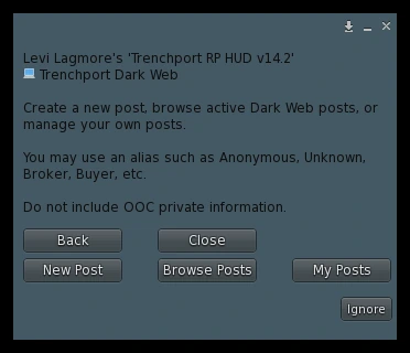 Trenchport Dark Web menu in the Trenchport RP HUD with New Post, Browse Posts, and My Posts