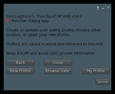 Trencher Dating App menu in the Trenchport RP HUD with New Profile, Browse Date, and My Profile
