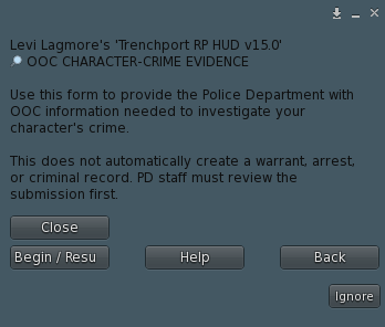 OOC Character Crime Evidence menu with Begin or Resume, Help, Back, and Close controls