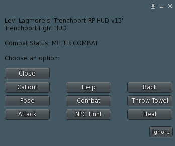 Updated Fight HUD menu with Attack, NPC Hunt, healing, combat modes, poses, and surrender