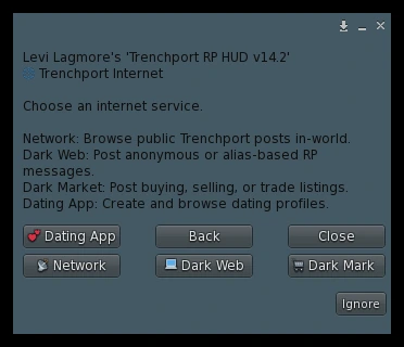 Internet menu in the Trenchport RP HUD with Dating App, Network, Dark Web, and Dark Mark