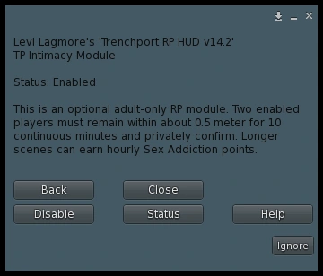 Trenchport Intimacy Module menu showing enabled status, disable, status, help, and close controls