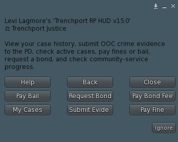Trenchport Justice menu with My Cases, Submit Evidence, bail, fines, bond requests, and help