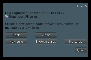 Trenchport RP Lures menu in the Trenchport RP HUD with New Lure, Browse Lures, and My Lures
