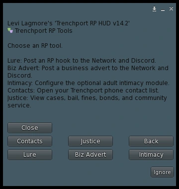 Current RP Tools menu with Contacts, Justice, Lure, Biz Advert, and Intimacy