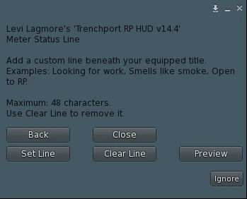 Meter Status Line menu with Set Line, Clear Line, Preview, Back, and Close controls