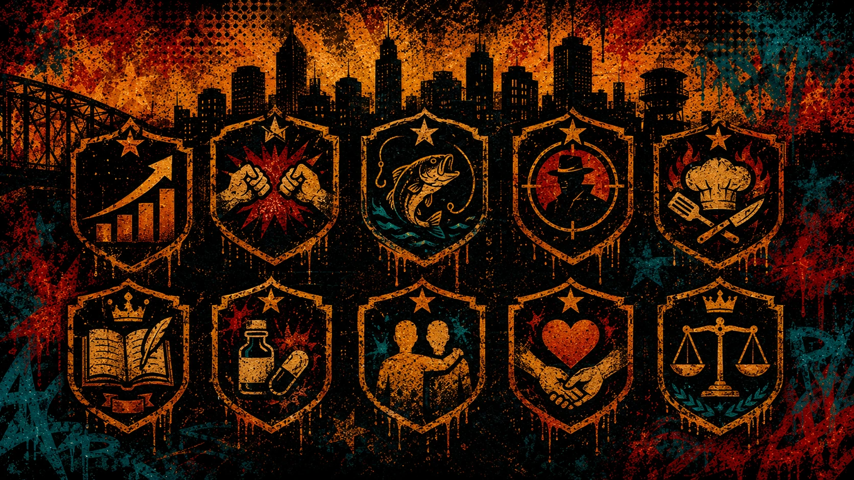 Trenchport achievement categories including level, combat, fishing, RP credits, bounties, kitchen rush, roleplay chapters, addictions, intimacy, companionship, Justice, and current-holder prestige titles